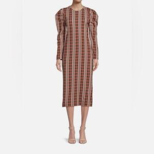 Tanya Taylor Maroon|Peachy Pink|Baby Blue Plaid Puff-Sleeve Midi Dress - Medium